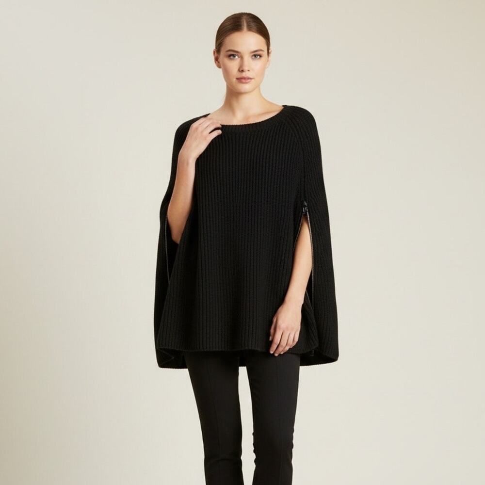 GUESS Black Knit Cape Sweater Jacket Poncho Zip Sides Mid-Length M L